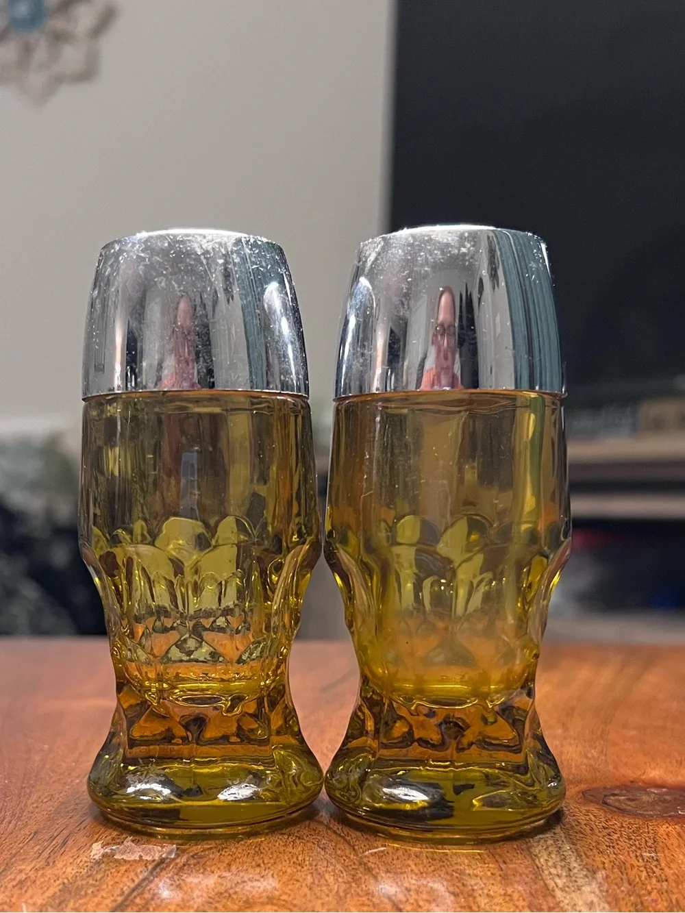 Vintage Amber Glass Salt & Pepper Shakers Silver Tone MCM